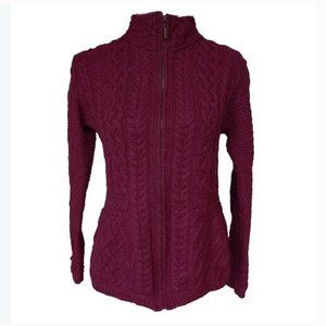 Inis Crafts Maroon Chunky Cable Knit Wool Celtic Knot Mock Neck Sweater